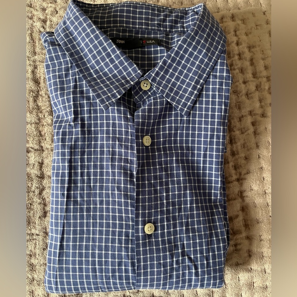 John Varvatos USA Mens Shirt Blue Navy White Check XL Cotton